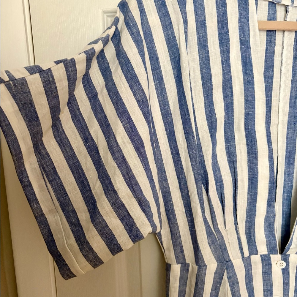 REFORMATION Striped Kimono Sleeve Tie-Waist Linen Dress in Blue & White Size 8